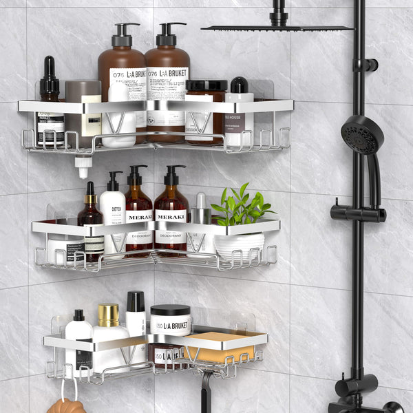 Kegii Telescopic Shower Caddy Corner - Stainless Steel Shower Shelf No Drilling Bathroom Caddy with Soap Holder and Hooks(White), On The Bath or Stand Up Shower