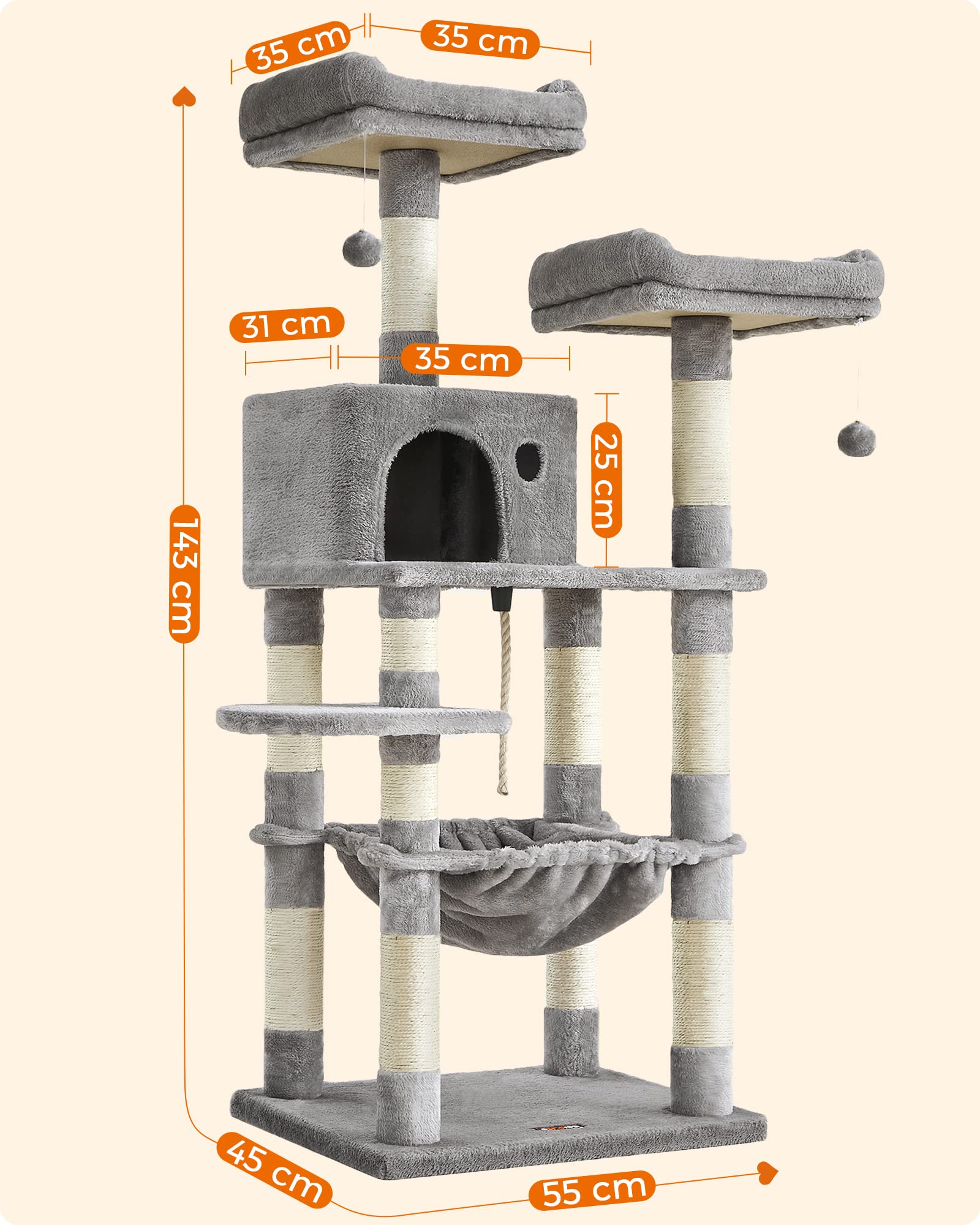 Feandrea Cat Tree, Stable Cat Tower, 2 Plush Perches, 143cm, Light Grey PCT15W