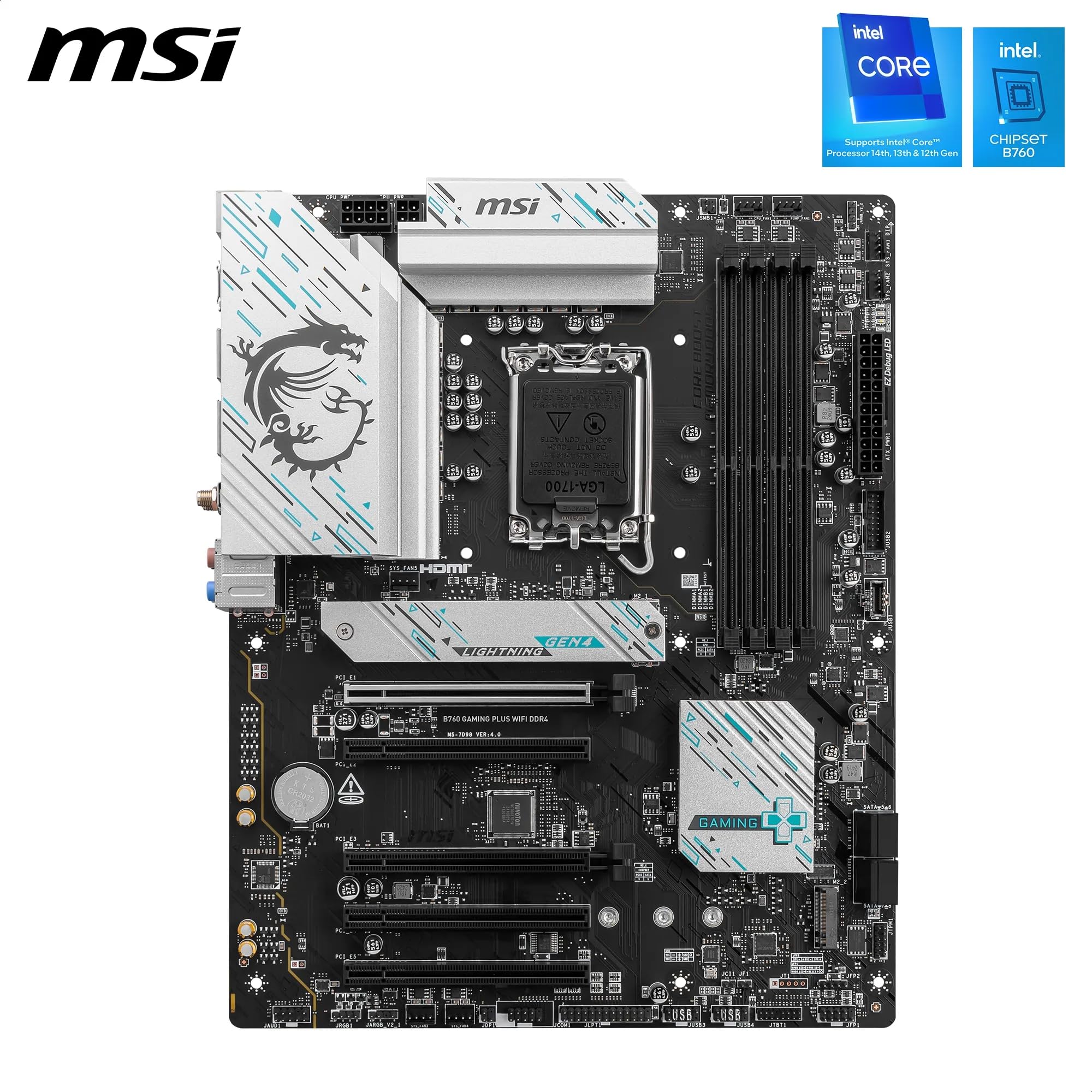 MSI B760 GAMING PLUS WIFI DDR4 Motherboard, ATX - Supports Intel 14th, 13th & 12th Gen Core Processors, LGA 1700 - DDR4 Memory Boost 5333+MHz/OC, 1x PCIe 4.0 x16, 2 x M.2 Gen4, 2.5G LAN, Wi-Fi 6E
