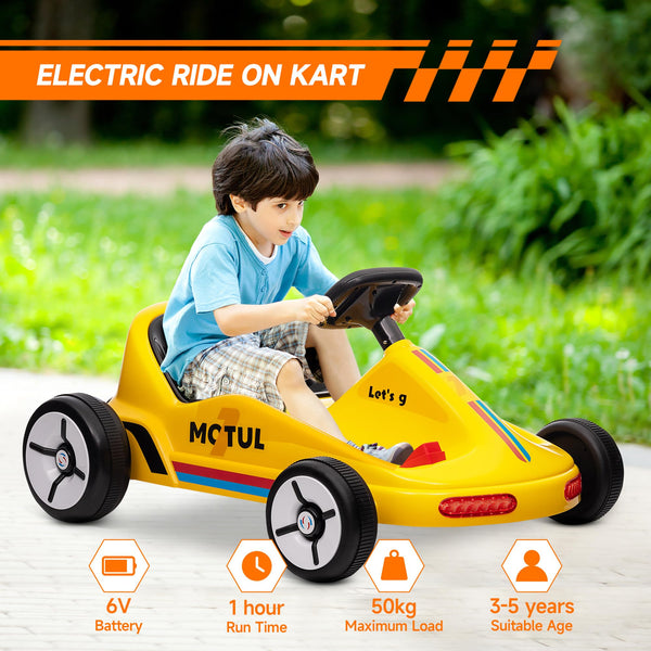 AIYAPLAY Electric Go Kart, 6V Battery Powered Kids Go Kart with Music, Light, Horn, Kids, Ride on Car for 3-5 Years, Yellow