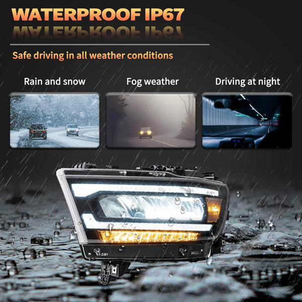 VLAND Motor LED Headlights compatible with 2019-2024 Ram 1500 Tradesman/Lone Star/Big Horn/Laramie/Rebel [Not fit classic, TRX, factory LED projector], w/Amber sequential indicator - Amber