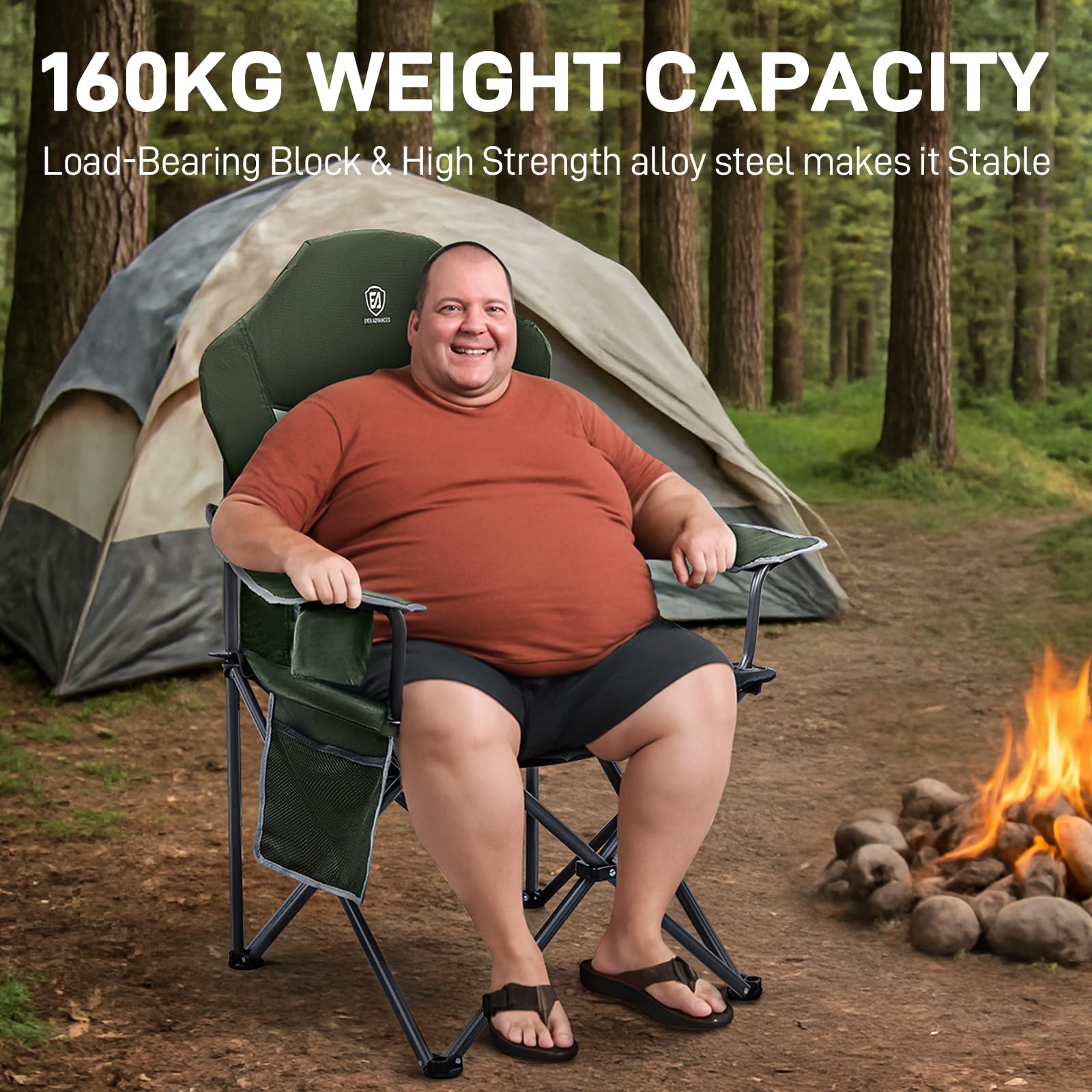 EVER ADVANCED Camping Chairs for Adults Heavy Duty Folding Chair Up to 160kg Oversized with High Back & Cup Holder & Side Pocket Comfy Camp Fold Up Chair