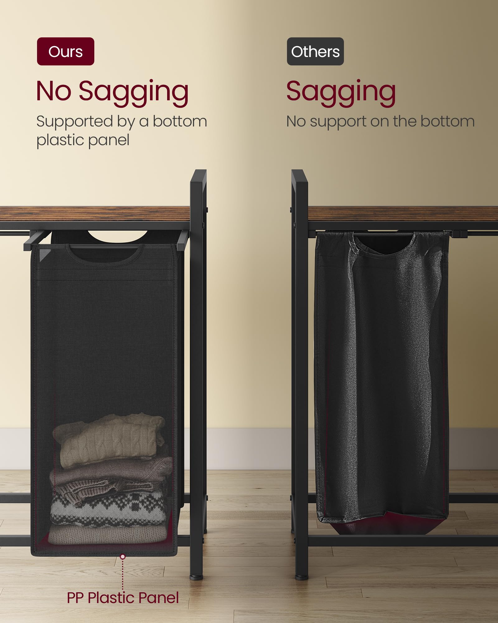 VASAGLE Laundry Basket, Laundry Hamper, Pull-Out and Removable Liner Bag, Shelf, Metal Frame, 65 L, 50 x 33 x 72 cm, Ink Black and Rustic Brown BLH101B01