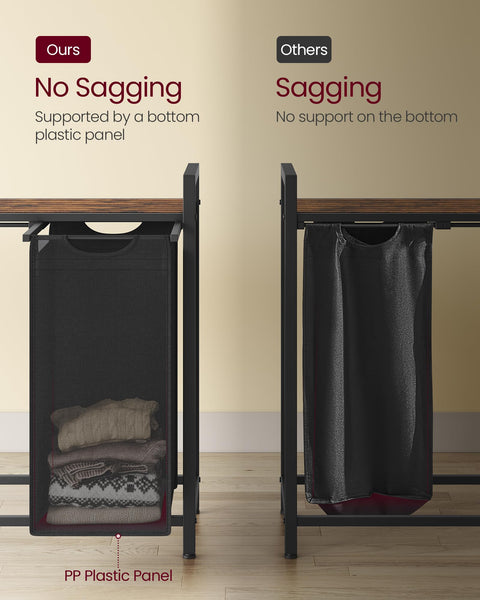 VASAGLE Laundry Basket, Laundry Hamper, Pull-Out and Removable Liner Bag, Shelf, Metal Frame, 65 L, 50 x 33 x 72 cm, Ink Black and Rustic Brown BLH101B01