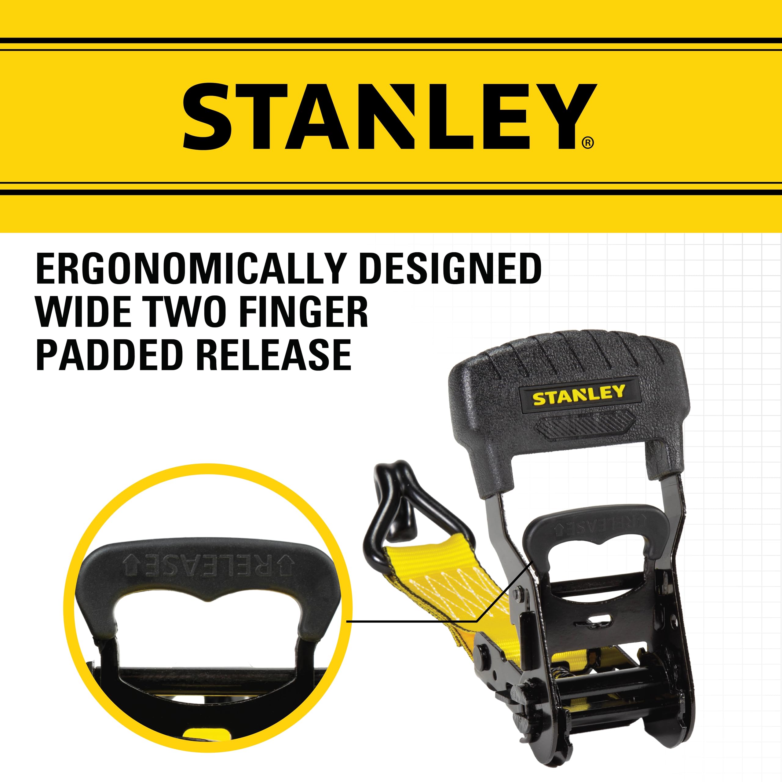 STANLEY S1007 Black/Yellow 1.5" x 16' Ratchet Tie Down Straps - 1,100 lb Safe Working Load / 3,300 lb Break Strength, 2 Pack
