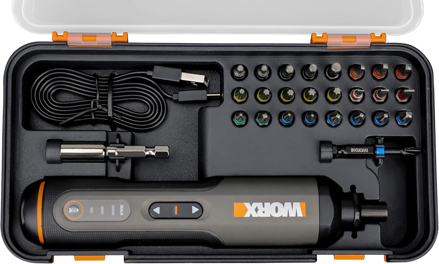 WORX WX240 3.6V (4V MAX) Mini Electric Screwdriver with 3-Gear Torque, 5Nm Power, 24pc Screwdriver Bits, LED Light - Lightweight, Cordless, USB C Charging, Ideal for Assembly & Repair Projects