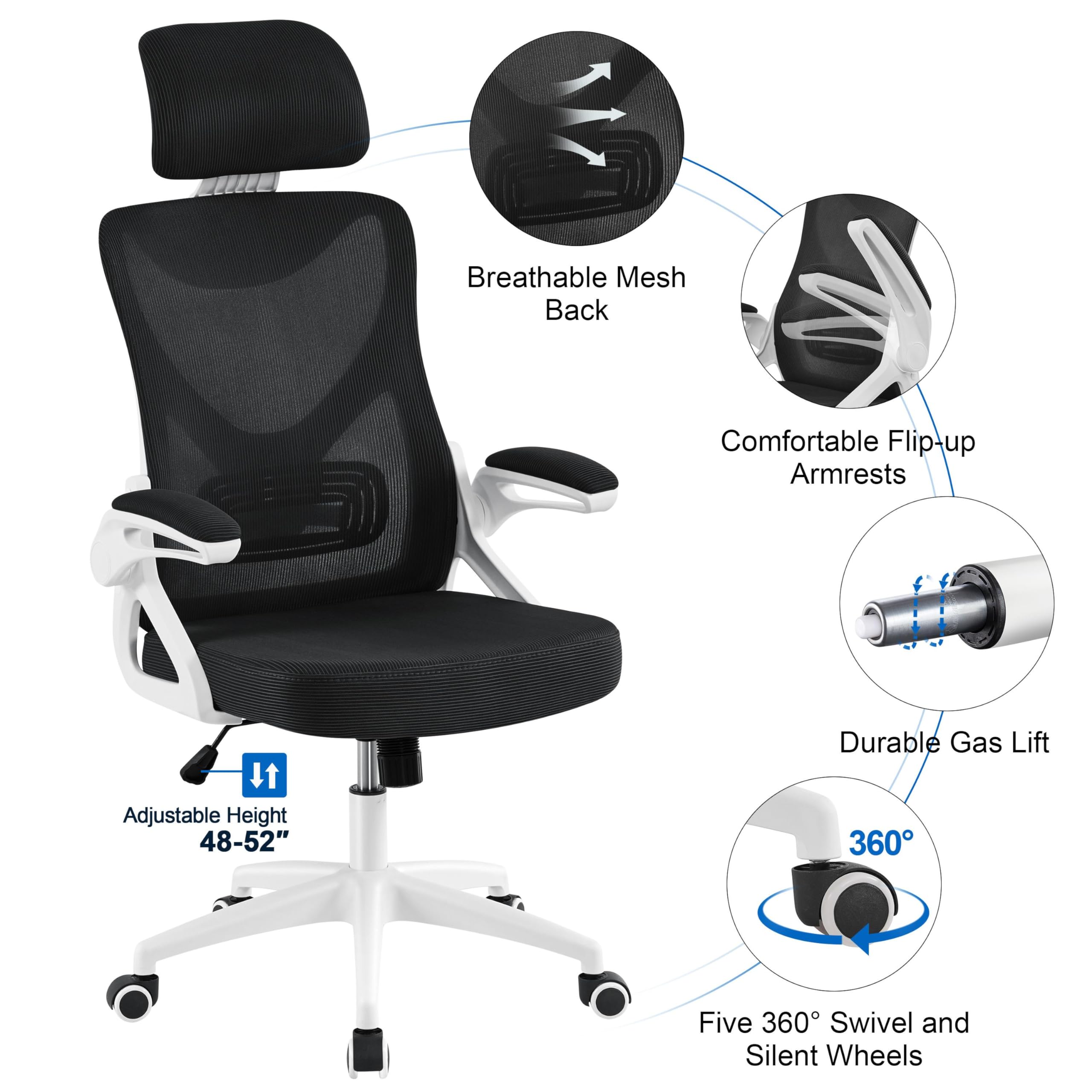 Yaheetech High Back Home Office Chair Ergonomic Swivel Desk Chair with Arms and Height Adjustable Back Support for Home Study or Manager Work White/Pink