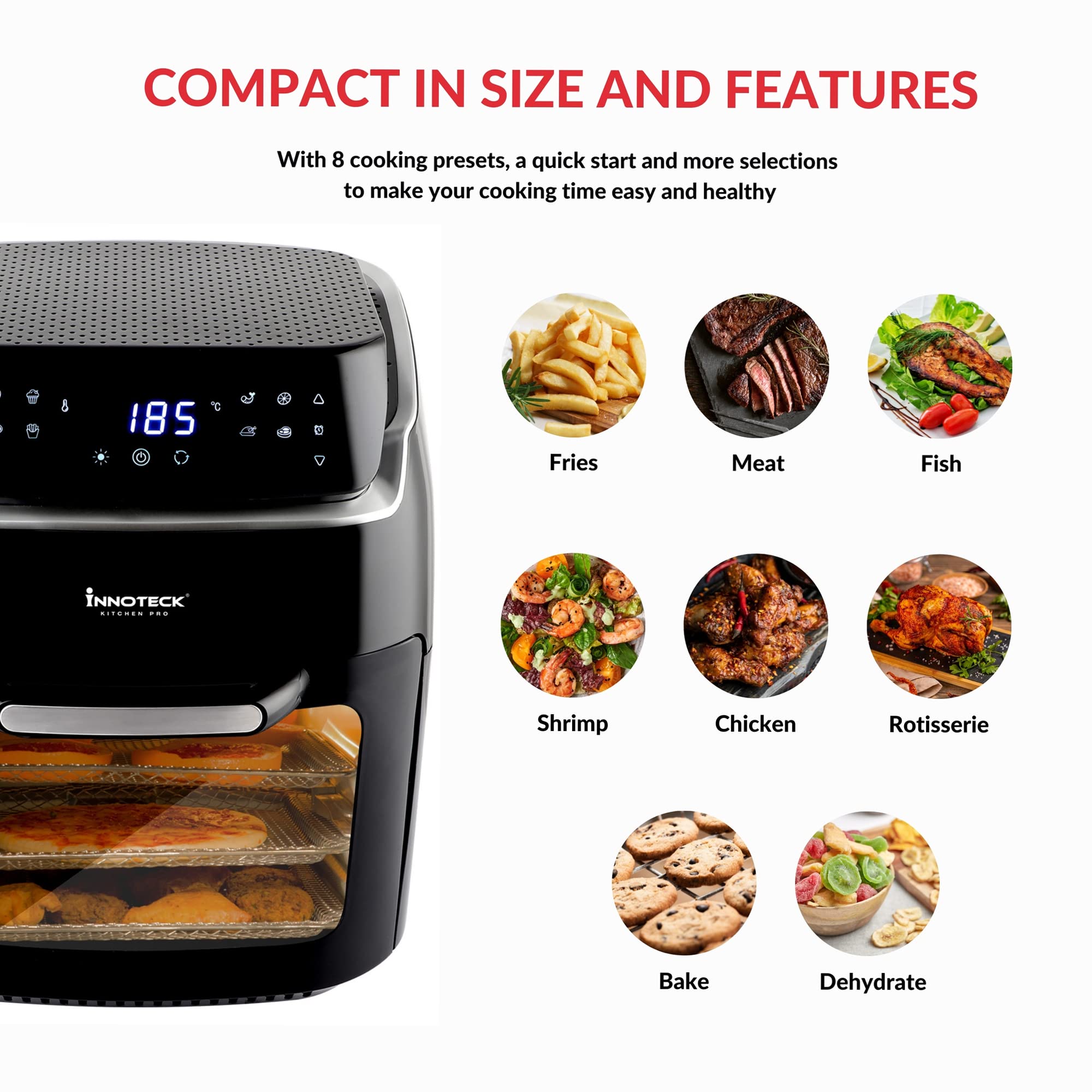 Innoteck Kitchen Pro 12L Digital Air Fryer Oven - 1800W, 8 Presets, Rotisserie function Large Digital Touch Panel Dishwasher Safe Accessories - Black