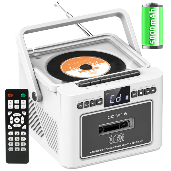 Boombox CD Player with Speakers, CD Cassette Player Combo with Bluetooth, Portable Radio CD Players for Home,5000mAh Rechargeable Battery,Remote control,StereoHifi System,Supports USB/AUX/Micro Card