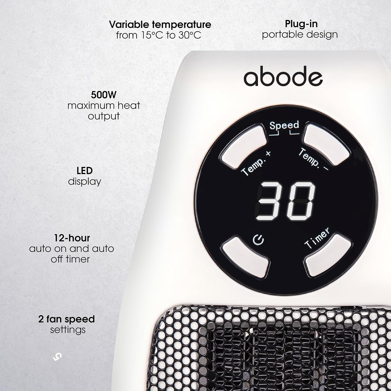 Abode 500W Compact Portable White Ceramic Plug in Heater with 2 Heat Settings & Overheat Protection, Electric Heater, LED Display, 12hr Auto Timer, 10m2 Room Size APH1001