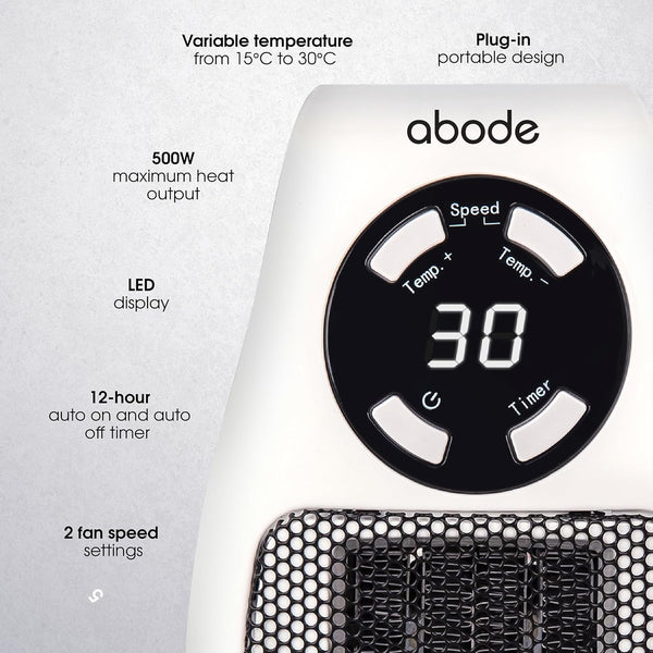 Abode 500W Compact Portable White Ceramic Plug in Heater with 2 Heat Settings & Overheat Protection, Electric Heater, LED Display, 12hr Auto Timer, 10m2 Room Size APH1001