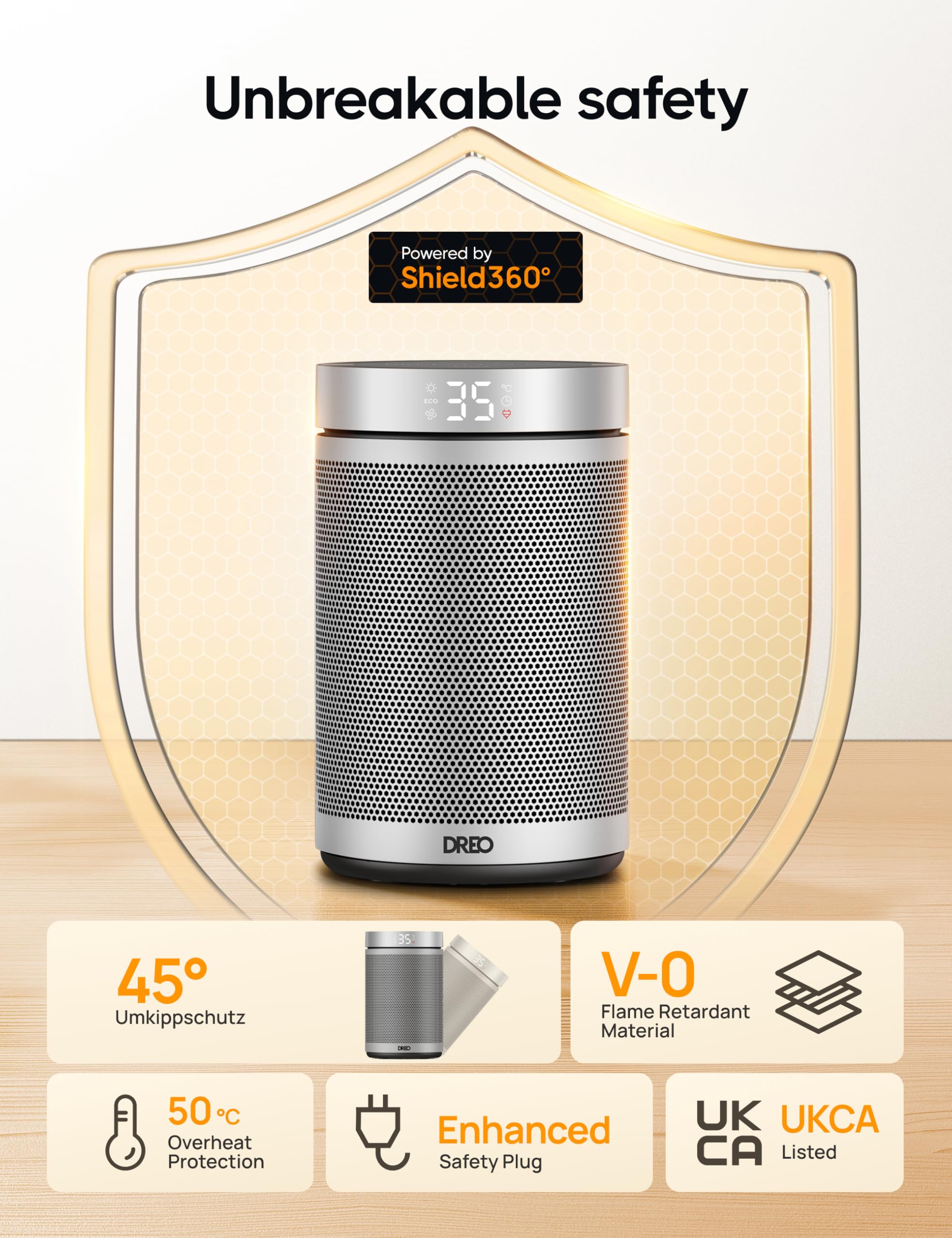 Dreo Electric Heater, 1500W Energy Efficient Space Silent Room Heater, Portable Ceramic Fan Heaters, Thermostat 3 Modes 12H Timer, Overheat & Tip Over Protection, for Bedroom, Atom 316, Gold