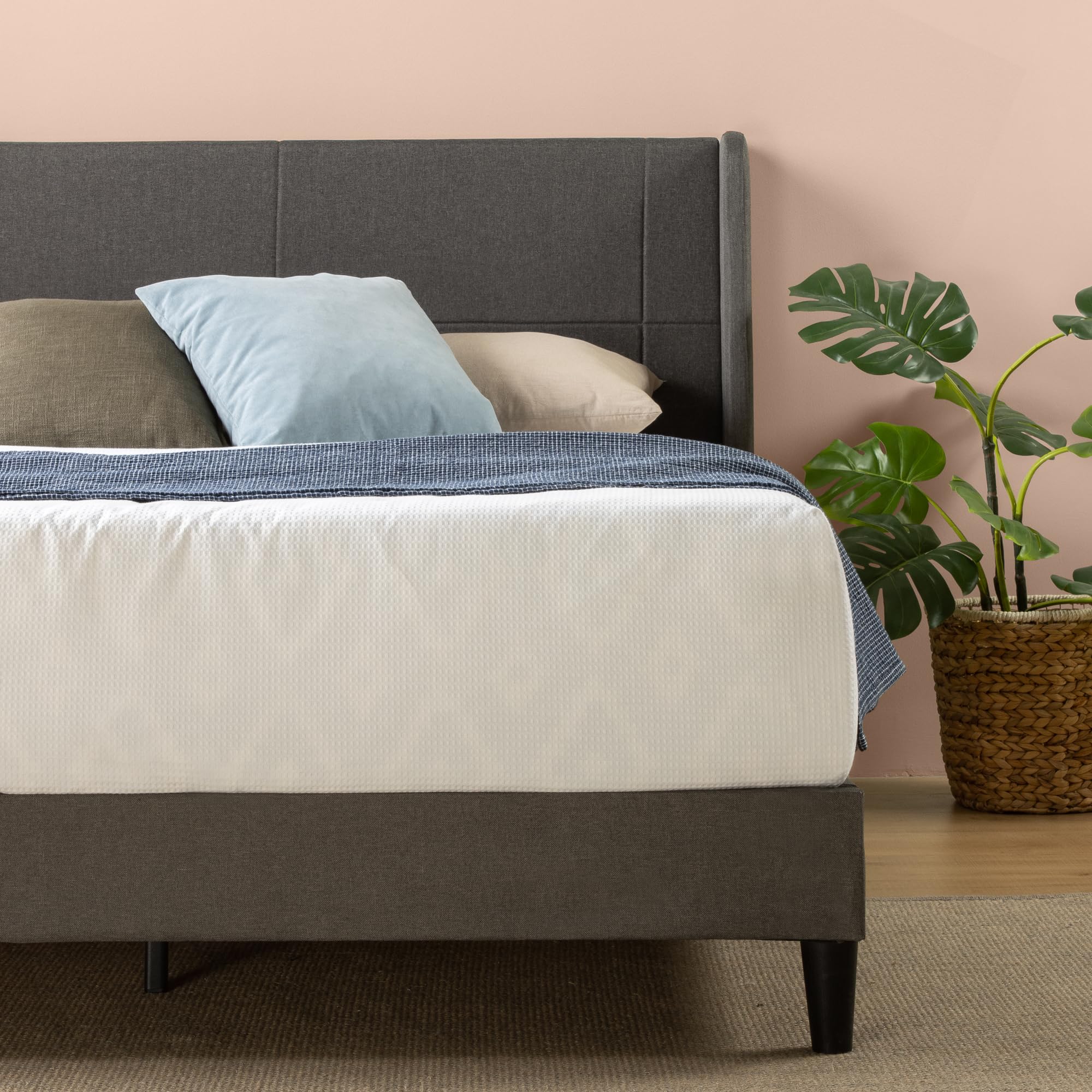 Zinus Sasha Super King Bed frame - Bed 180x200 cm - 25 cm Height - Upholstered Platform Bed frame with Wingback Headboard - Medium Grey