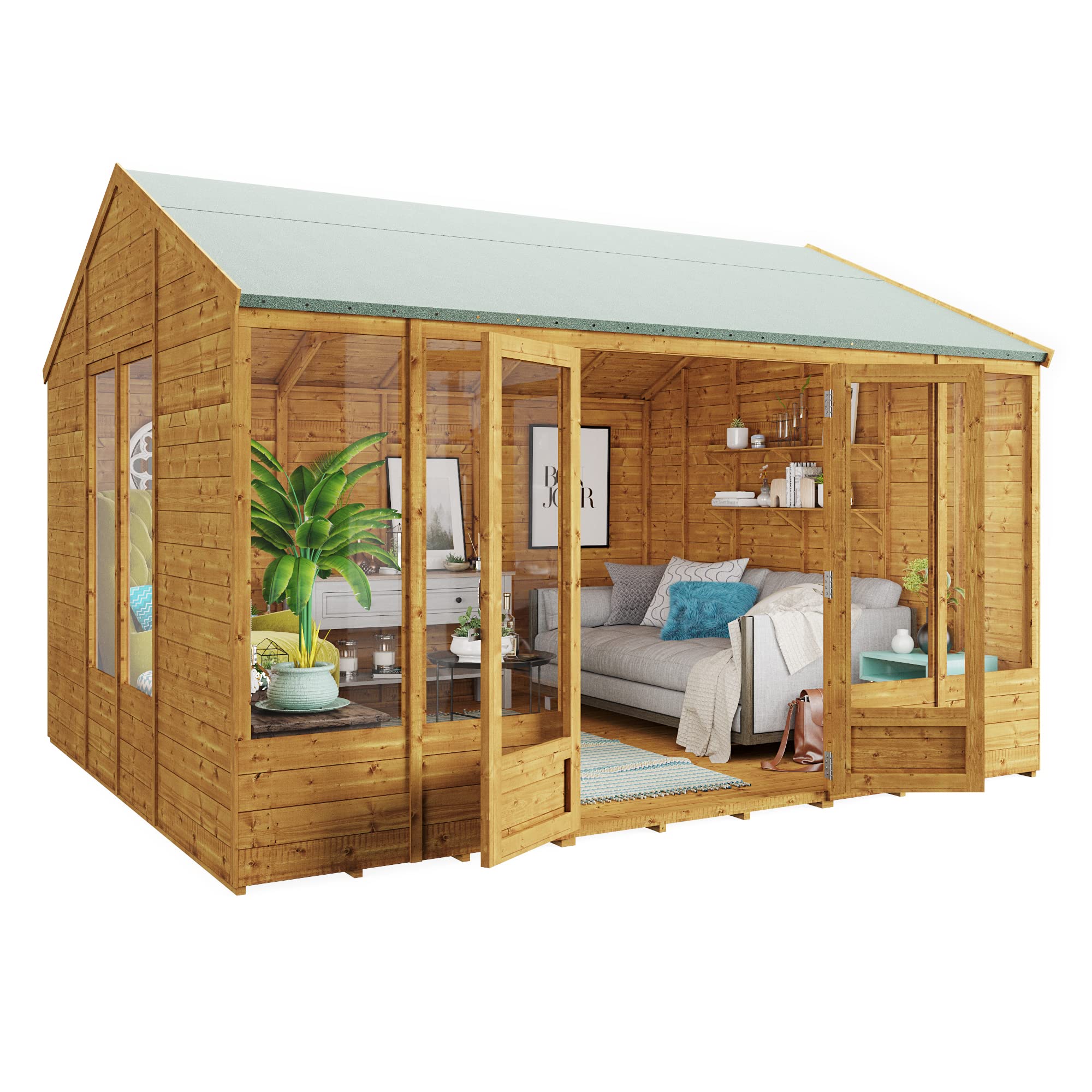 BillyOh Petra 12x10 Reverse Apex Summer House Shed, Log Cabin | Wooden Garden Room with Wide Double Doors, Tear Resistant Felt, Tongue and Groove Construction | Versatile Tiny Home or Garden Office