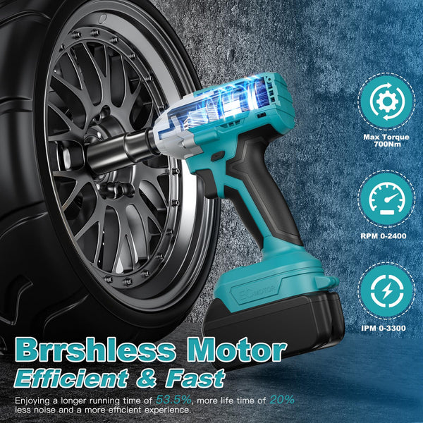 Nananuu 700Nm 3 in1 Cordless Impact Wrench Compatible with Makita 18V Lithium Battery (No Battery), Brushless Impact Wrench with 6 Sockets and LED Light for Scaffolding and Automotive Assembly
