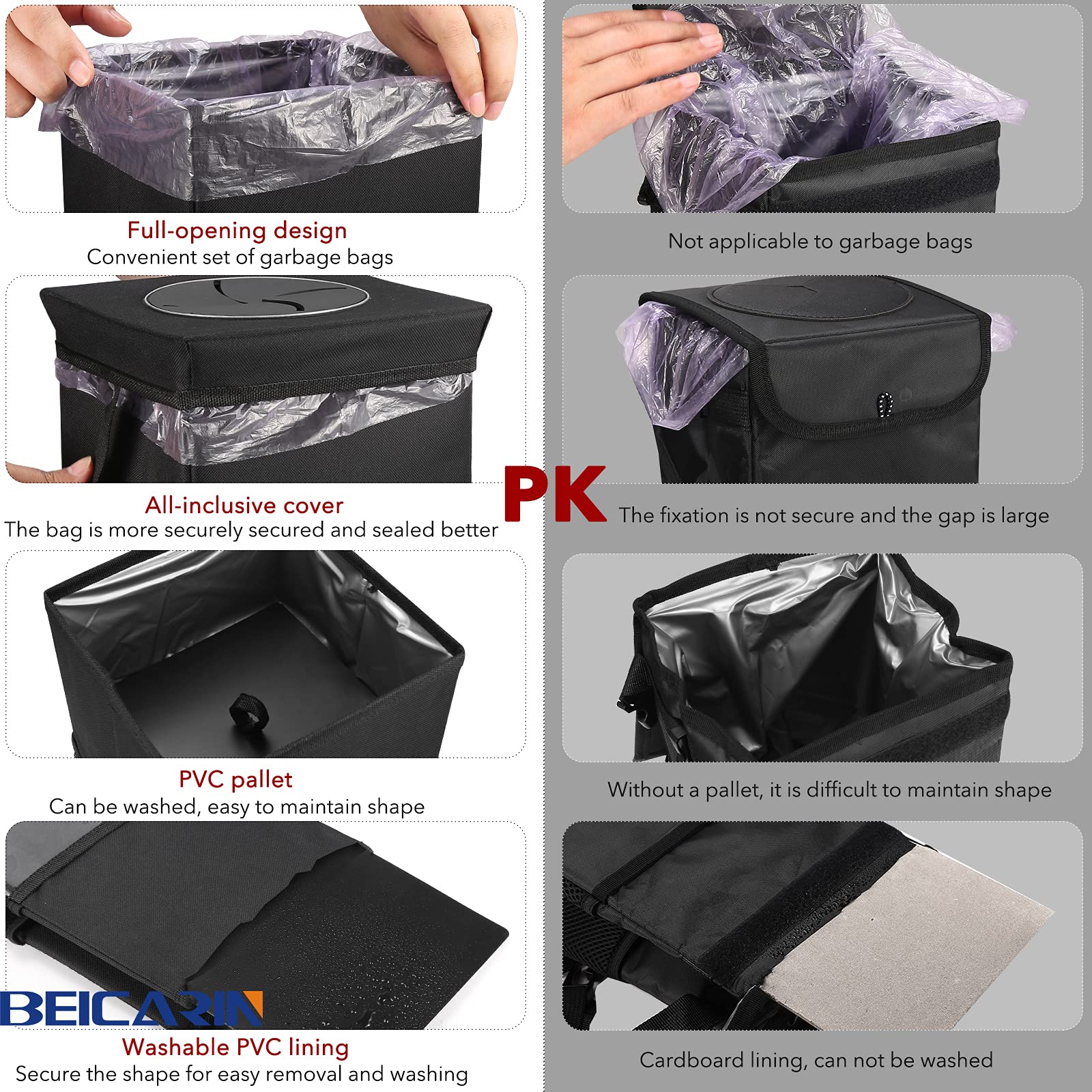 Car Trash Bin with Lid - Trash Bag Hanging with Storage Pockets Leak-Proof Car Organizer Collapsible and Portable Waterproof Garbage Bin, 10L Large Capacity Multipurpose Bin