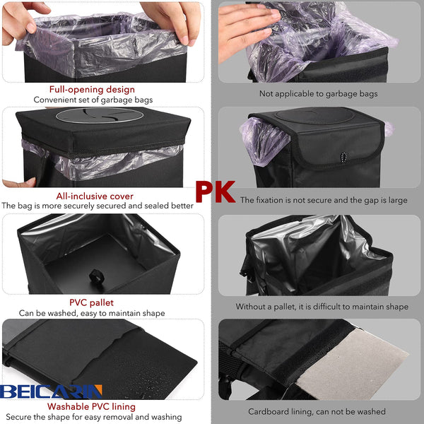 Car Trash Bin with Lid - Trash Bag Hanging with Storage Pockets Leak-Proof Car Organizer Collapsible and Portable Waterproof Garbage Bin, 10L Large Capacity Multipurpose Bin