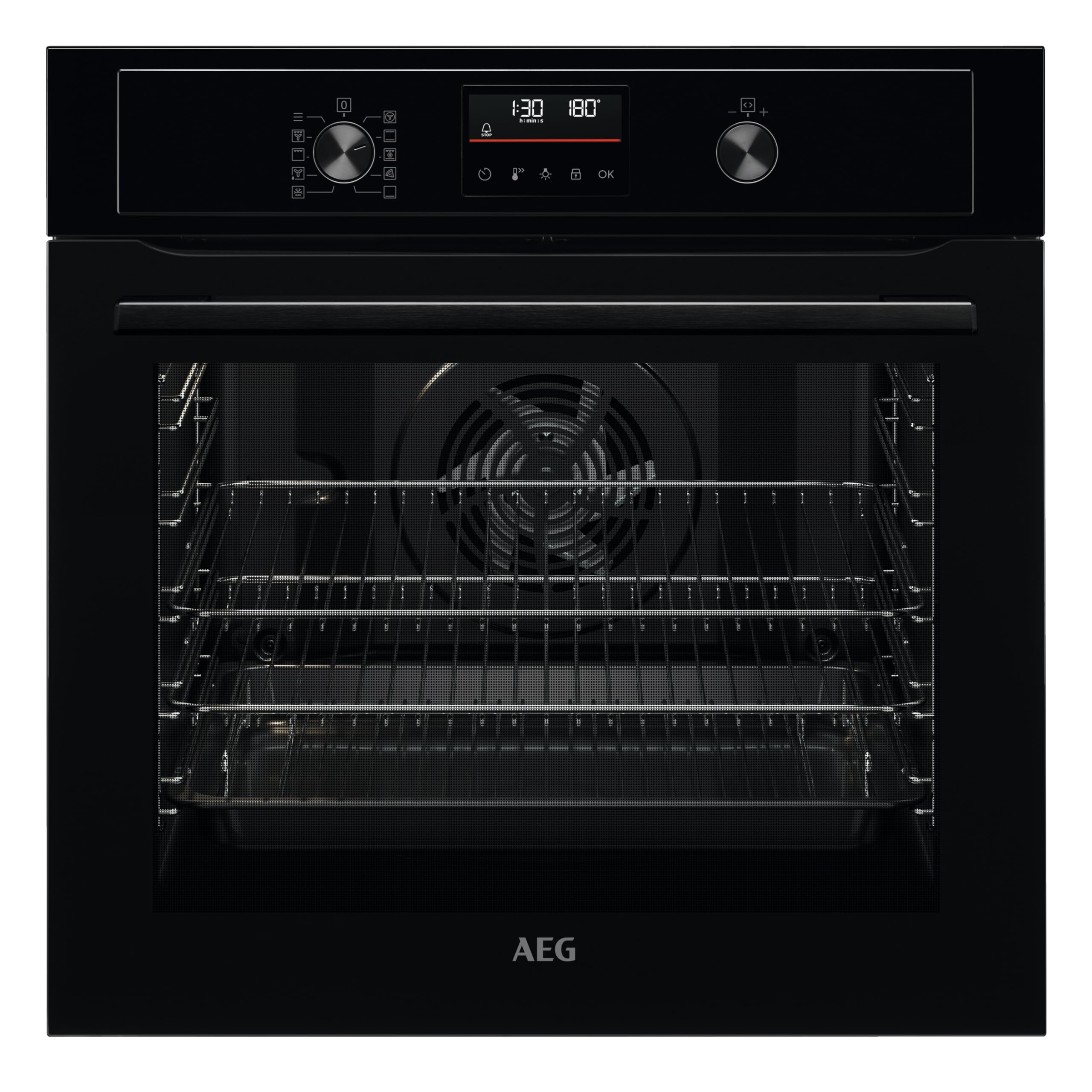 AEG 3000 Series Surroundcook Integrated Oven BEX335011B, 72L Multilevel Cooking, Turbo Grill, Defrost, Led Display, XL Baking Tray, Aqua Clean, Built-in Oven 590x560x550mm, Class A+++ Black