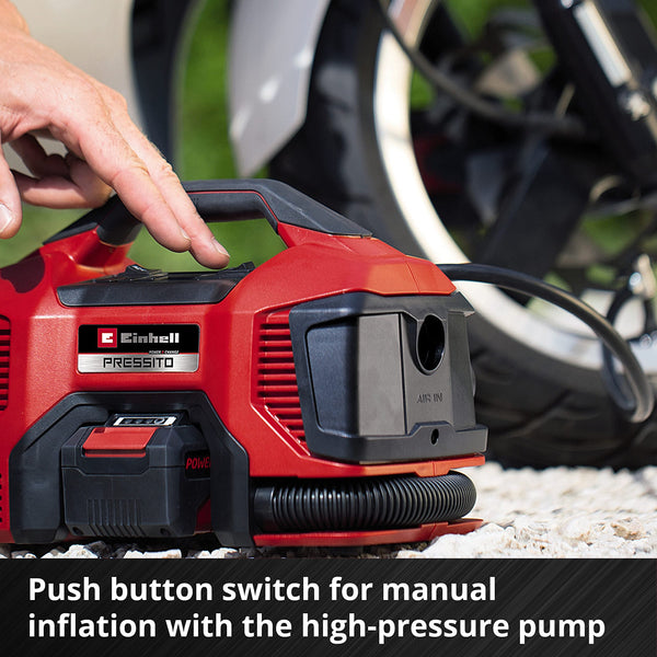 Einhell Power X-Change 18V Portable Air Compressor | High And Low-Pressure Electric Pump For Inflating Car And Bike Tyres, Air-Beds, Balls | PRESSITO 18/21 Solo - Battery and Charger Not Included