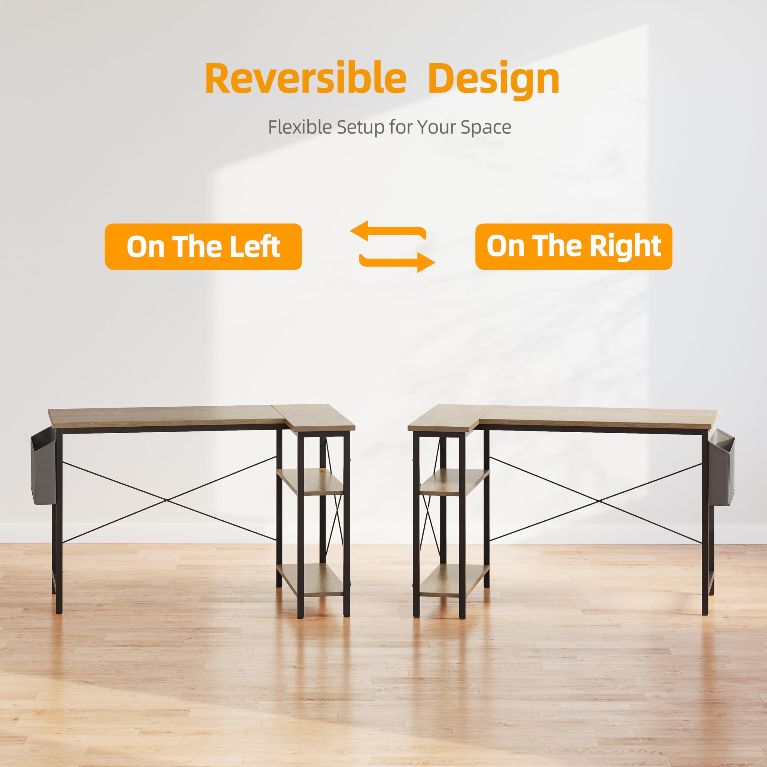 BEXEVUE L Shaped Gaming Desk, 100x70 cm Computer Desk with Storage Bag, Office Desk Small Writing Table with Large Reversible Storage Shelves, Workstation for Study Play Work Home Office, Black