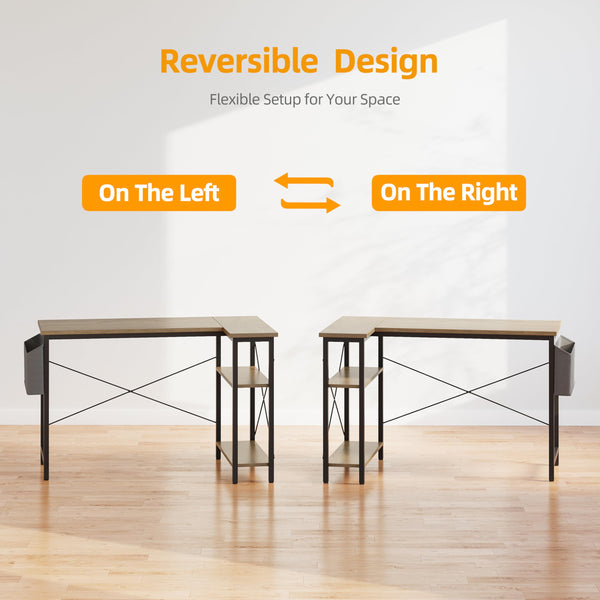 BEXEVUE L Shaped Gaming Desk, 100x70 cm Computer Desk with Storage Bag, Office Desk Small Writing Table with Large Reversible Storage Shelves, Workstation for Study Play Work Home Office, Black