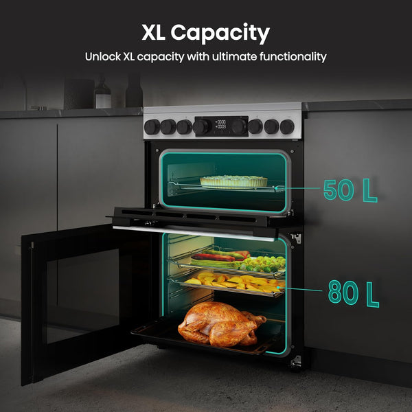 Hisense HDUKC60W 60cm Electric Cooker with Ceramic Hob-White, A Rated Double Oven 50L/80L [Energy Class A]