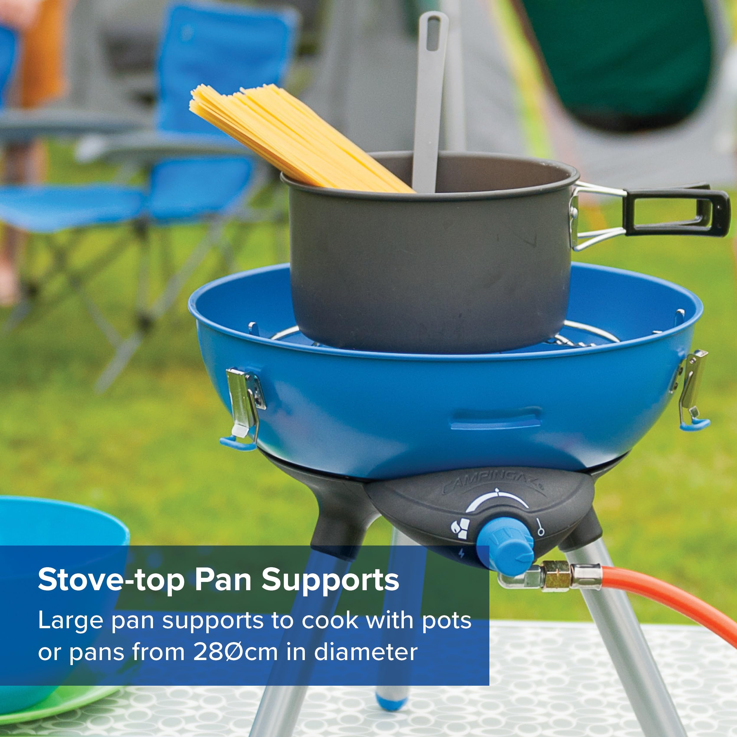 Campingaz Party Grill 400 CV, Camping Stove and Grill, All-in-One Portable Camping BBQ, with Griddle, Grid and Pan Support, Lid Doubles as Wok, Blue