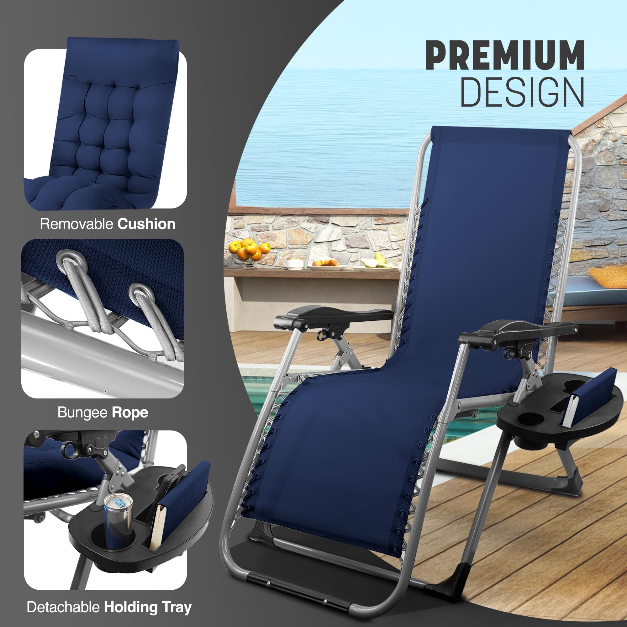 KEPLIN Square Tube Gravity Chair with Cushion – Extra-Wide 72cm Recliner, Adjustable Zero Gravity Lounger, Reinforced Frame, Supports 150kg, Premium Comfort for Indoor & Outdoor Relaxation – Black