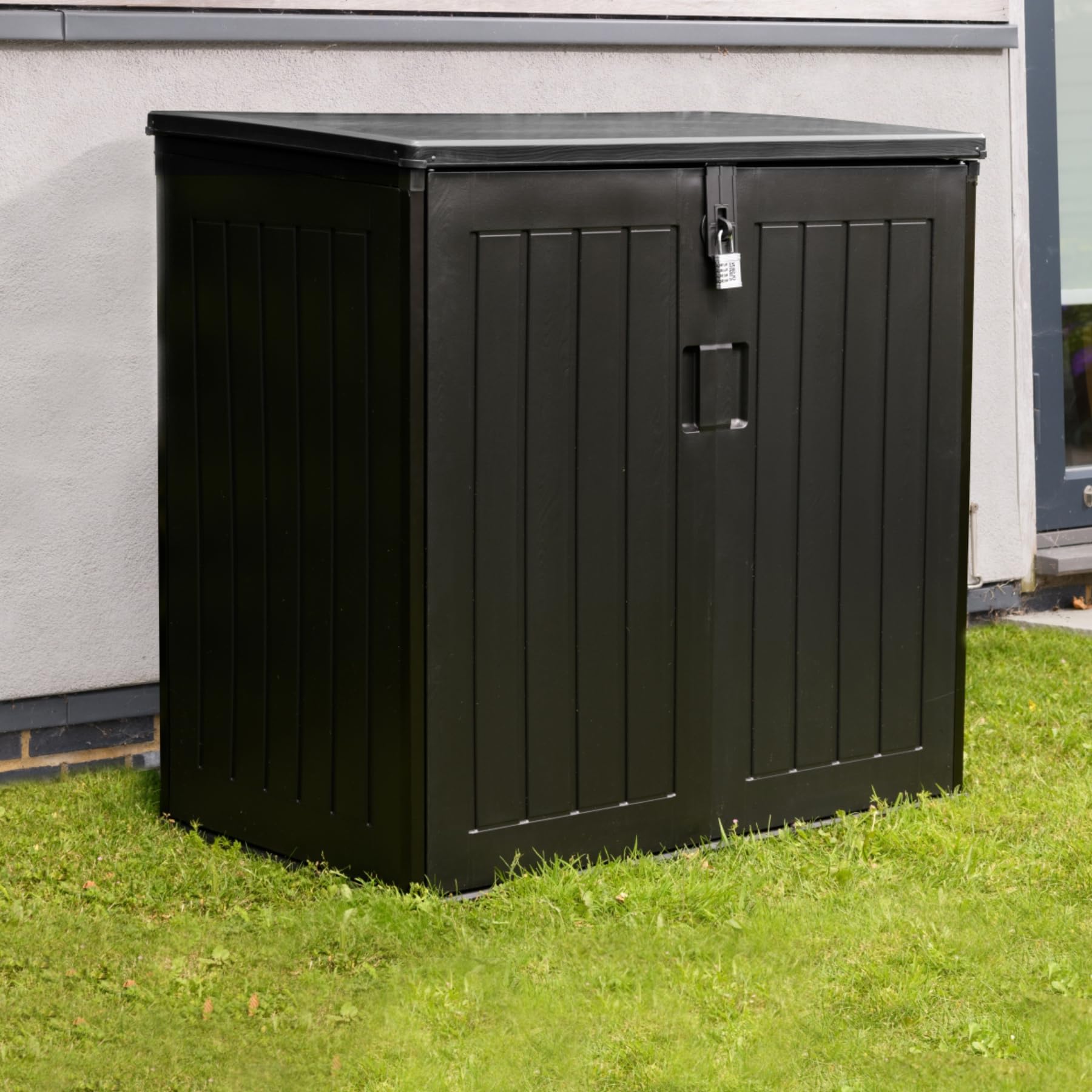 Olsen & Smith 775L Large Outdoor Garden Storage Box with Padlock - Big Capacity Plastic Shed Wheelie Bin Box Cabinet Cupboard - Ideal for 2x180L Wheelie Bins, Garden Tools, Toys & More (2025, Black)