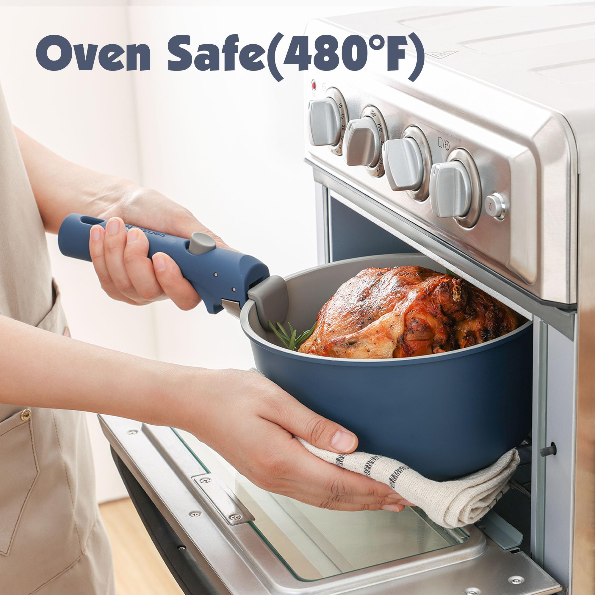 SENSARTE 17 Piece Pots and Pans Set, Nonstick Detachable Handle Cookware, Induction Kitchen Cookware Set with Removable Handle, Healthy Non Stick RV Cookware, Oven Safe (Black)