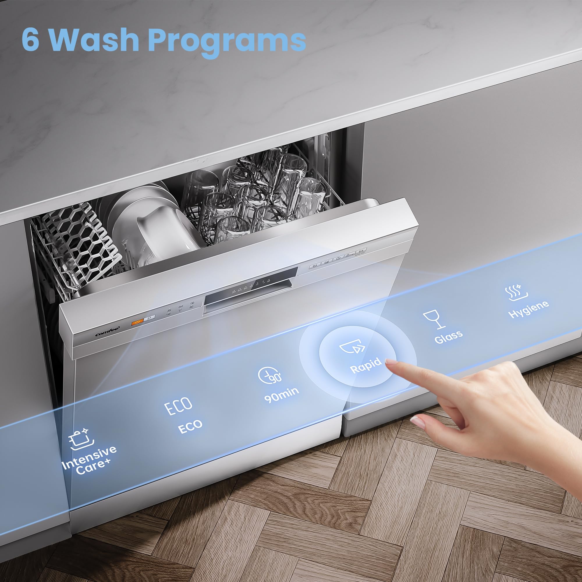 COMFEE' Freestanding Dishwasher CDWEF1034BW-UK 45cm Width, Slimline Dishwasher with 10 place settings, Quick Wash, Hygiene Wash, Delay Start, Half Load, Adjustable Basket - White