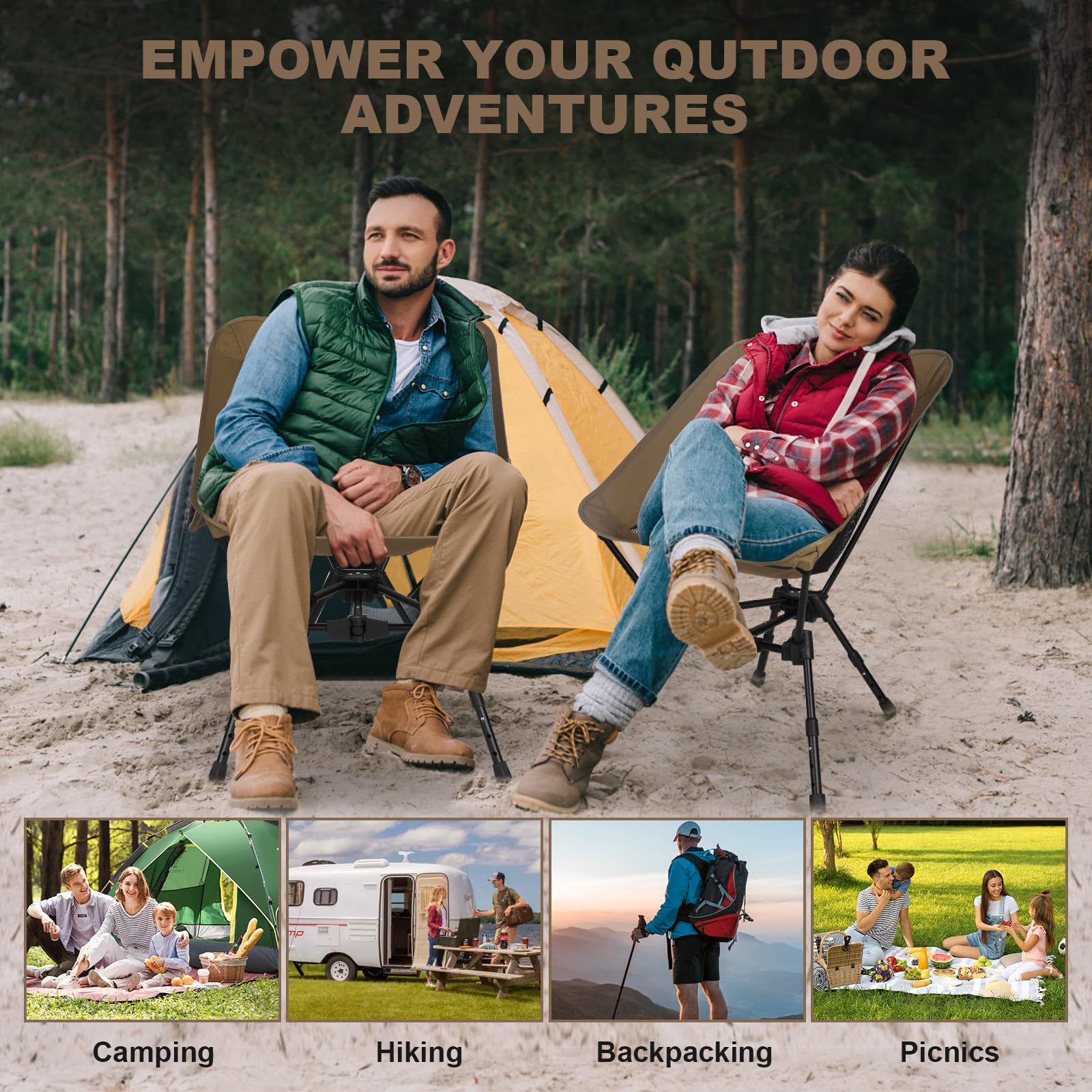 Portable Folding Camping Chair: Lightweight Height Adjustable Camping Chairs Stable Supports 330 Lbs with Side Pockets for Outdoor Camp, Travel, Beach, Lawn (Black)