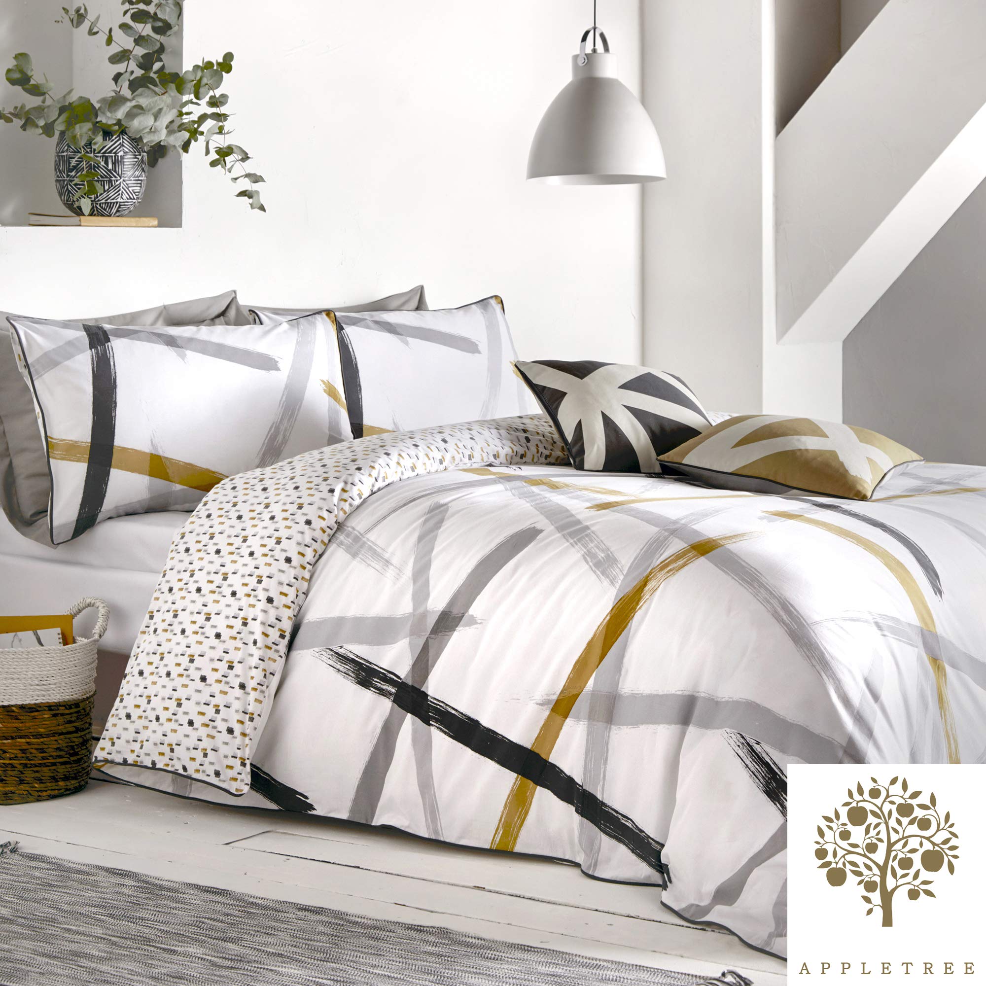 Appletree Leda-100 Duvet Cover Set, Cotton, King, Grey & Ochre