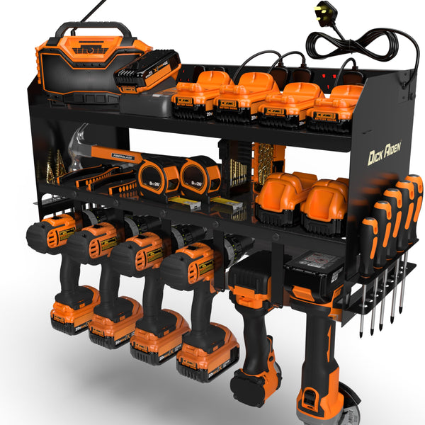 Toolganize Power Tool Organiser, Storage Rack with Power Strip Charging Station, Heavy-Duty for Workshop & Garage Tools - 4 Slot, Milwaukee Red.