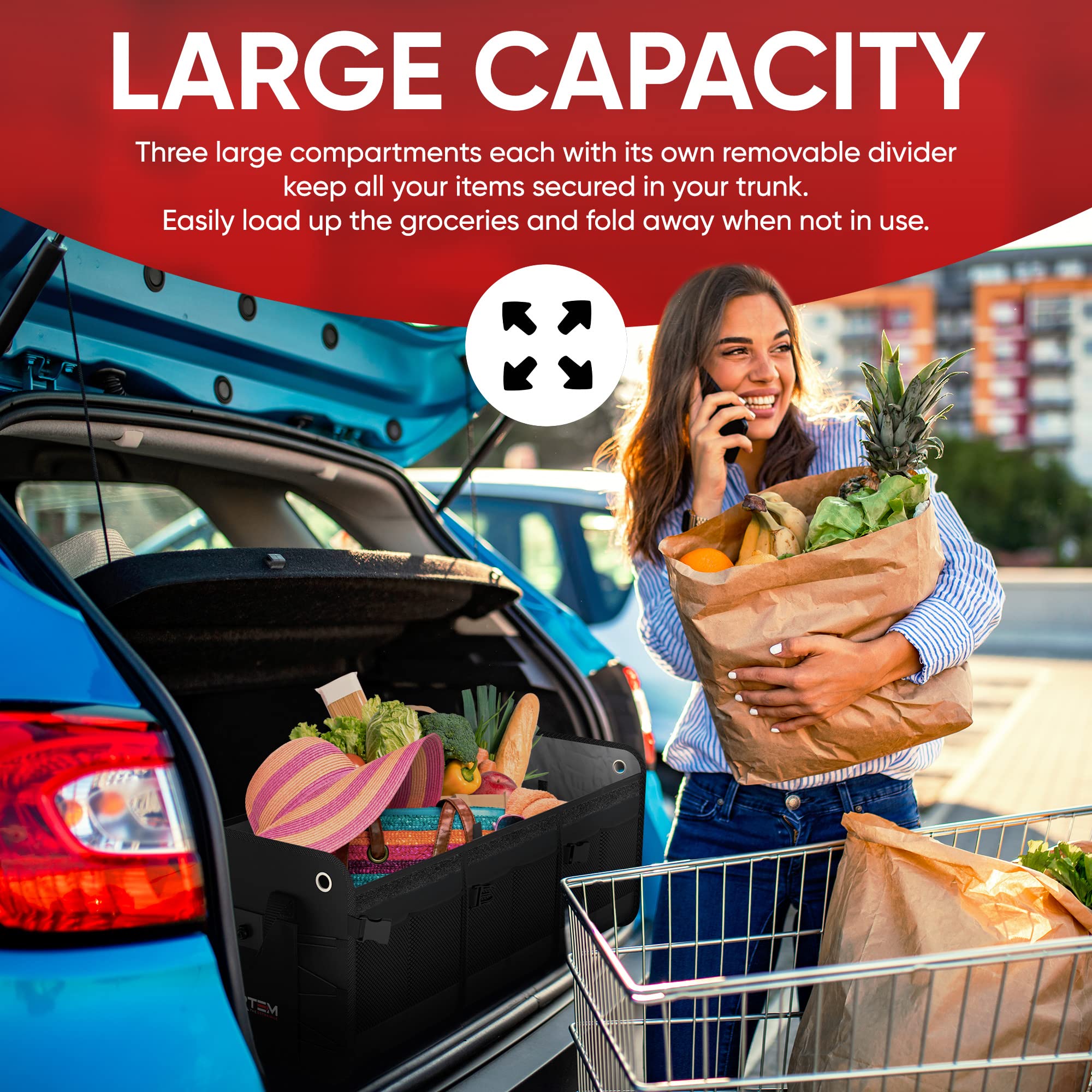 FORTEM Car Boot Organiser, SUV Boot Tidy, Trunk Storage, Collapsible Multi Compartment Car Organiser, Non Slip Bottom, Adjustable Securing Straps, Foldable Cover (65L)