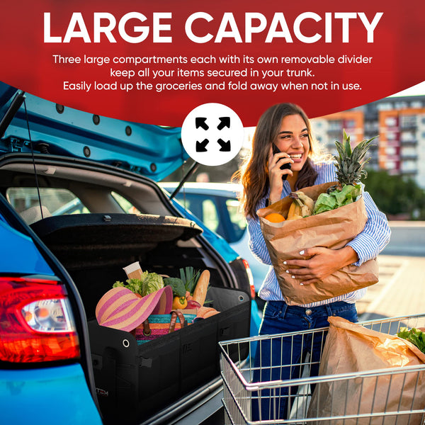 FORTEM Car Boot Organiser, SUV Boot Tidy, Trunk Storage, Collapsible Multi Compartment Car Organiser, Non Slip Bottom, Adjustable Securing Straps, Foldable Cover (65L)