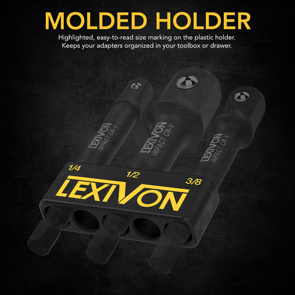 LEXIVON Impact Grade Socket Adapter Set, 3" Extension Bit with Holder | 3-Piece 1/4", 3/8", and 1/2" Drive, Adapt Your Power Drill to High Torque Impact Wrench (LX-101)
