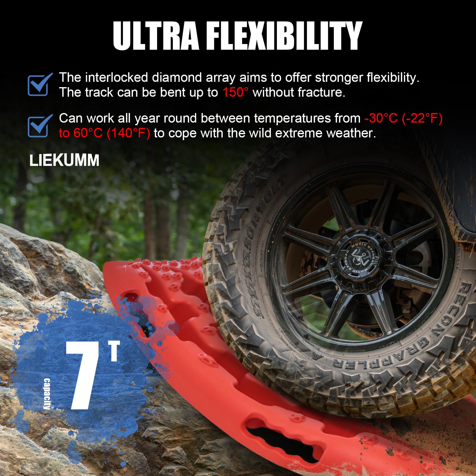 LIEKUMM 2PCS Traction Boards with Jack Lift Base, 104 cm Off-Road Traction Boards for Sand, Mud, Snow, 10 T Capacity Heavy Duty Recovery Tracks for Cars, Trucks, SUVs, Red
