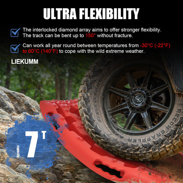LIEKUMM 2PCS Traction Boards with Jack Lift Base, 104 cm Off-Road Traction Boards for Sand, Mud, Snow, 10 T Capacity Heavy Duty Recovery Tracks for Cars, Trucks, SUVs, Red