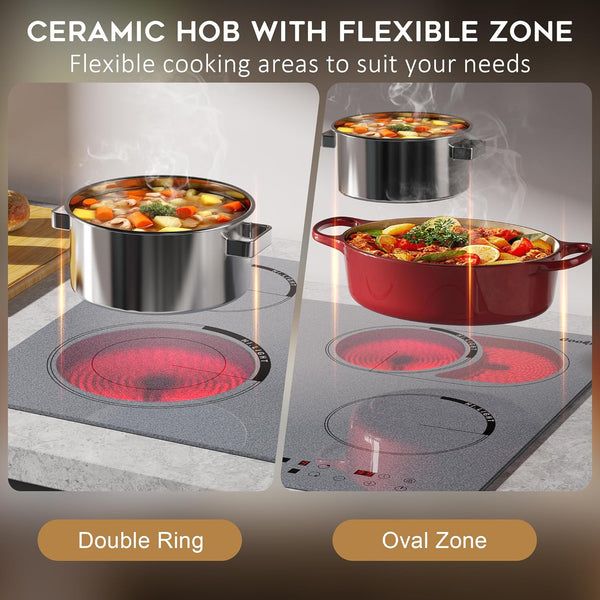 Cooksir Electric Hob 60cm, Ceramic Hob 4 Ring 6700W, Electric Hob 4 Zone with Expandable Dual and Oval Zone, Built-in Hob with Frame, Timer, Safety Lock, 220-240V(No Plug)