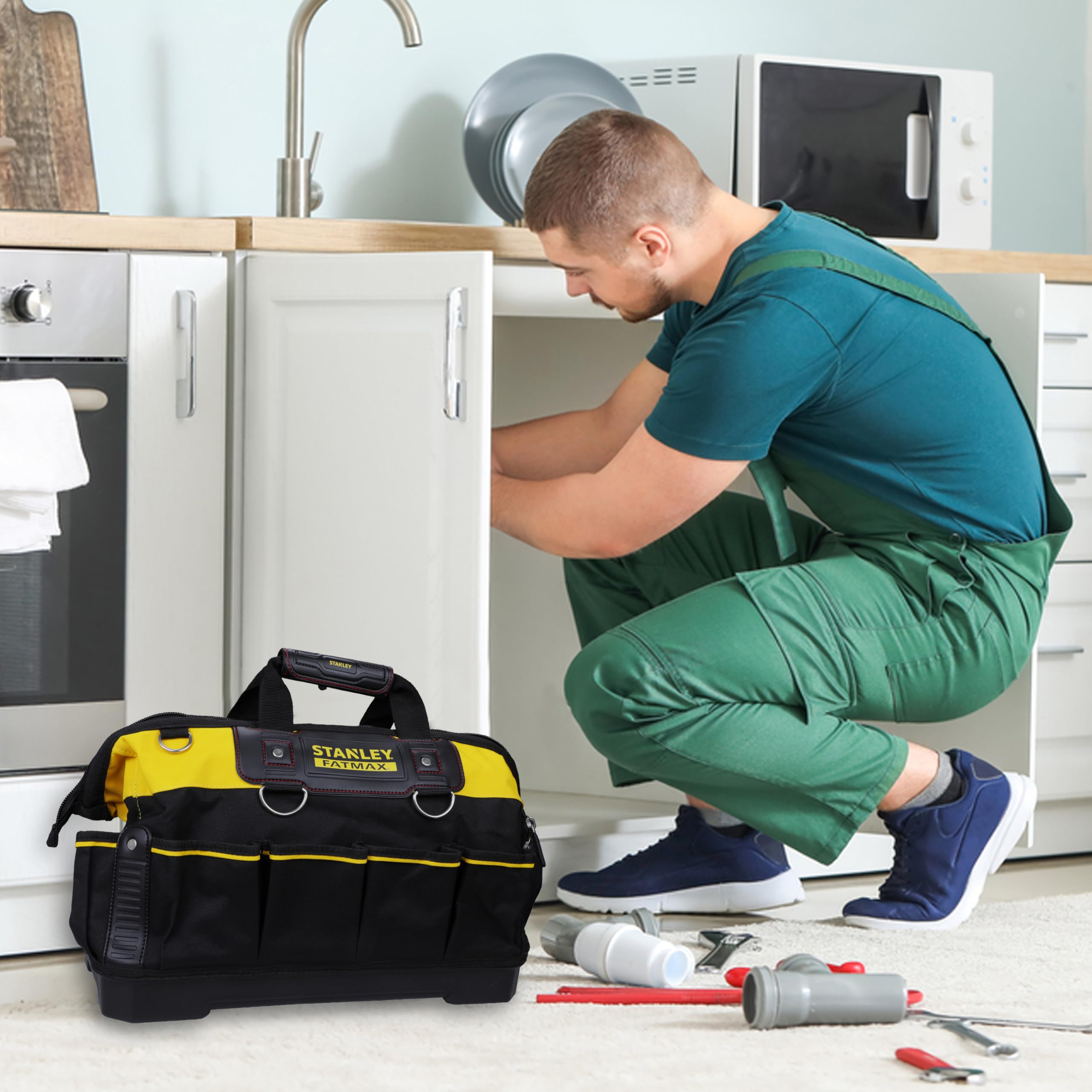 STANLEY FATMAX Technician Tool Bag, 18" Heavy Duty, Hard Waterproof Base, Multiple Pockets, Shoulder Strap, 1-93-950