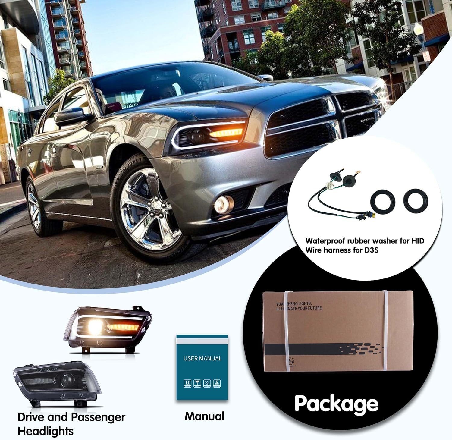 VLAND 2011-2014 Dodge Charger LED Headlights with Dual Beam Sequential Turn Signals (Not Fit Dodge Charger SE 2012)