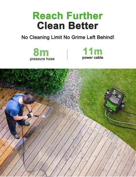 Pressure Washers, Power Jet Washers with 4 Nozzles, 135Bar Pressure, 420L/H Flow Rate, 8M High-Pressure Hose, 11M Power Cable, Power Washers for Patio and Car, Garden, Fences, Yard, Driveways