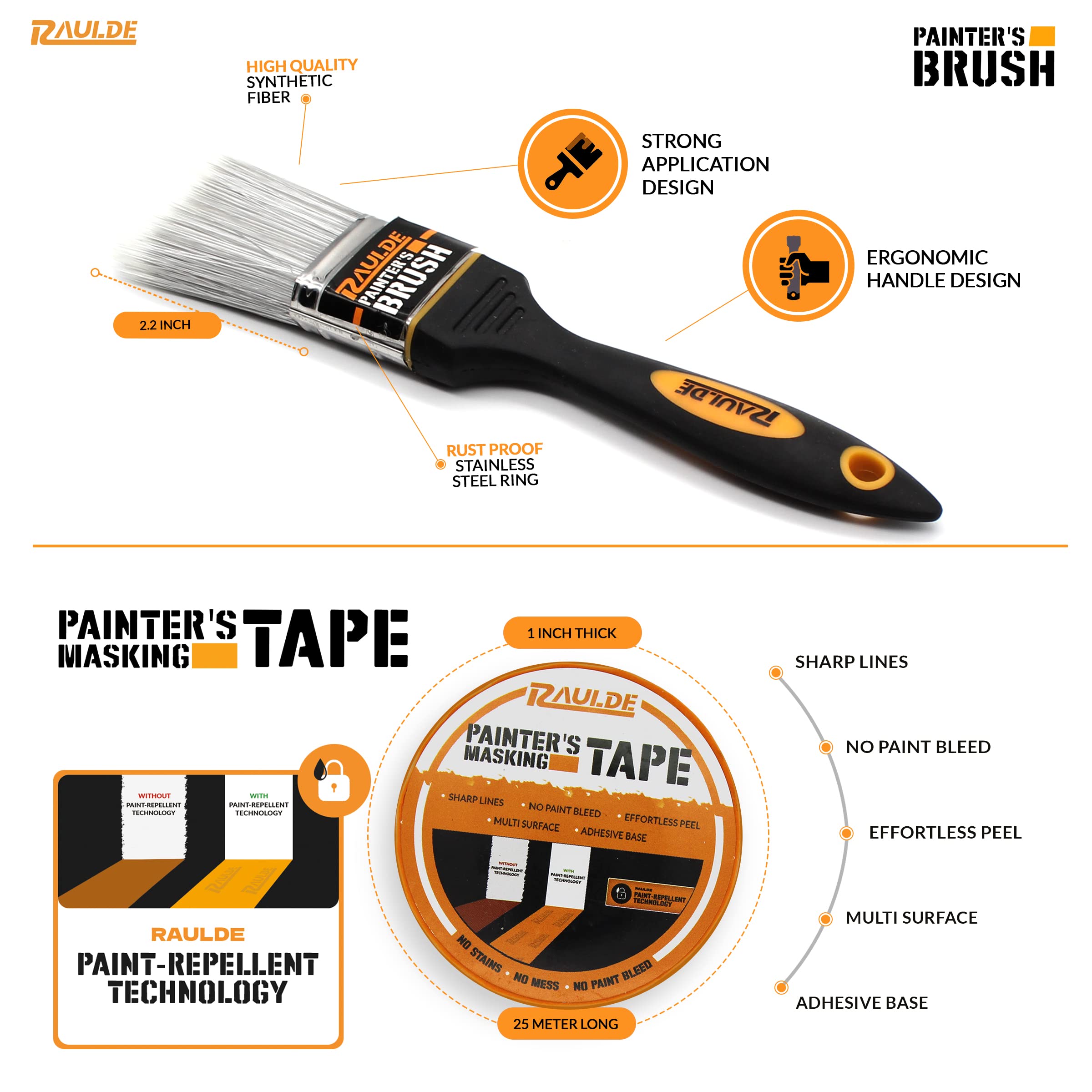 RAULDE 10 Pieces Paint Roller Set - Includes a Paint Tray, Brush, Large and Mini Rollers & Sleeves, Paint Repellent Masking Tape, Paint Mixer - Roller Set for Painting Walls, Edges & Ceilings