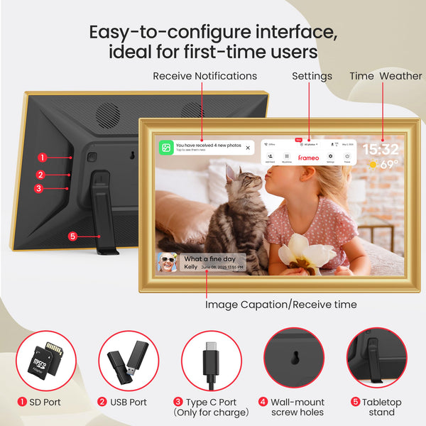 Frameo WiFi Digital Photo Frame 10.1 Inch - 1280x800 HD IPS Touch Screen Picture Frame Electronic, 32GB Memory, Auto Rotate, Wall Mountable, Digital PictureFrame for Sharing Photos and Videos