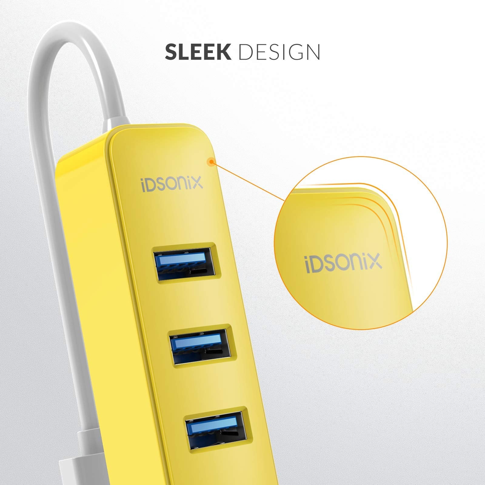 iDsonix USB hub, 4-Port USB 3.0 Hub, 5Gbps HighSpeed Data Transmission USB Hub for Laptop, iMac, Surface Pro, XPS, USB Flash Drives, Mobile HDD, Xbox, Printer, Camera, and More - Yellow