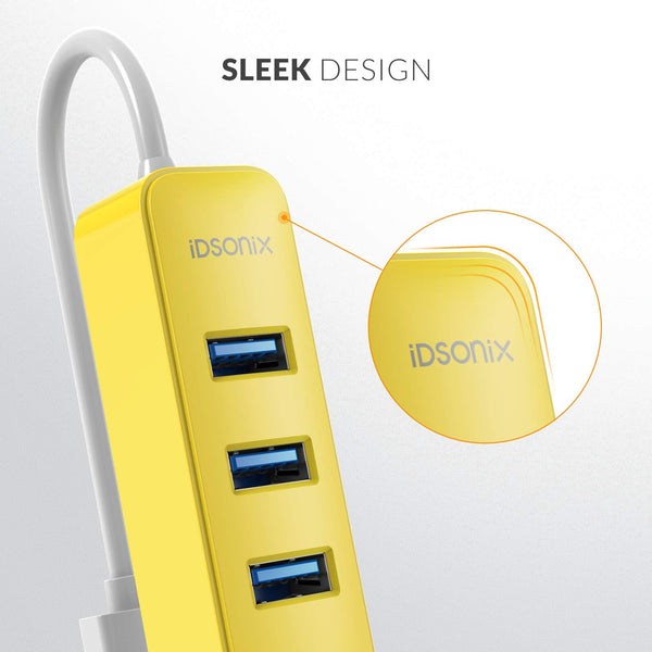 iDsonix USB hub, 4-Port USB 3.0 Hub, 5Gbps HighSpeed Data Transmission USB Hub for Laptop, iMac, Surface Pro, XPS, USB Flash Drives, Mobile HDD, Xbox, Printer, Camera, and More - Yellow
