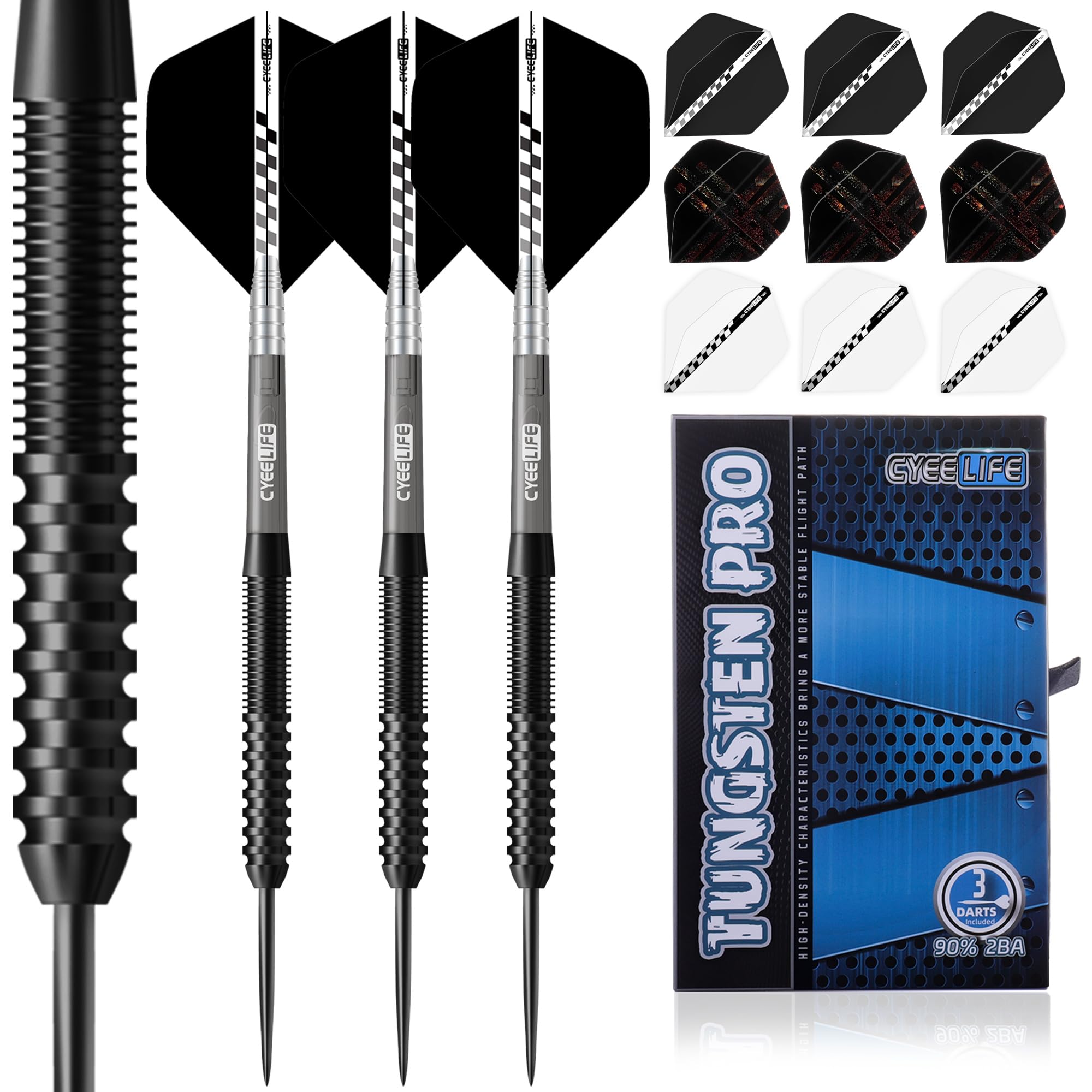 CyeeLife Tungsten Darts 23g Steel Tip,Steel Tip Darts Set with PC Shafts + Tungsten Barrels + Dart Flights + Dart Sharpener,Professional Tungsten Darts Set