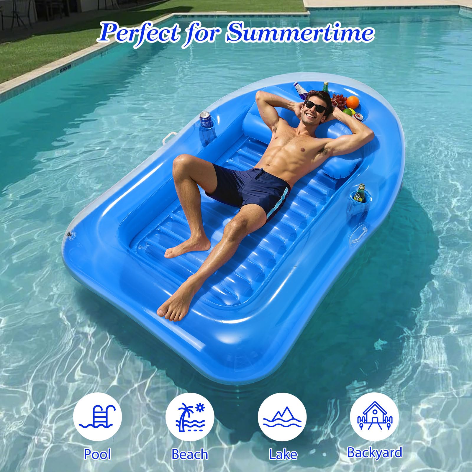 MoKo Pool Floats Adult, Floating Bed with Ice Bar, Tanning Bed Pool Raft Inflatable Lounger with Drink Holder Tanning Chair Inflatable Pool Toys for Party Beach Backyard