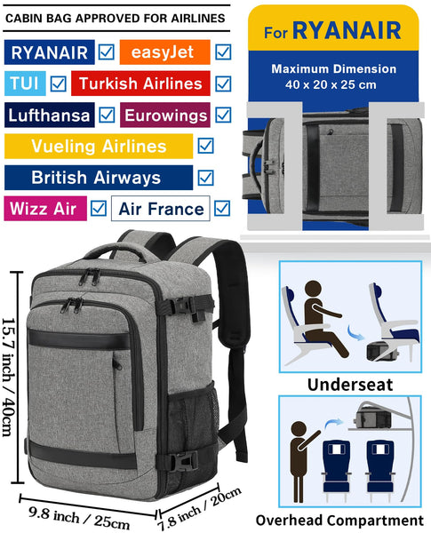 KLOSTAIN for Easyjet Cabin Bag 45x36x20 Travel Backpack Hand Luggage Carry-ons Bag Laptop Backpack Ruscksack for Airplanes Flight New Easyjet Underseat Cabin Bags Fit 14" Laptop Navy